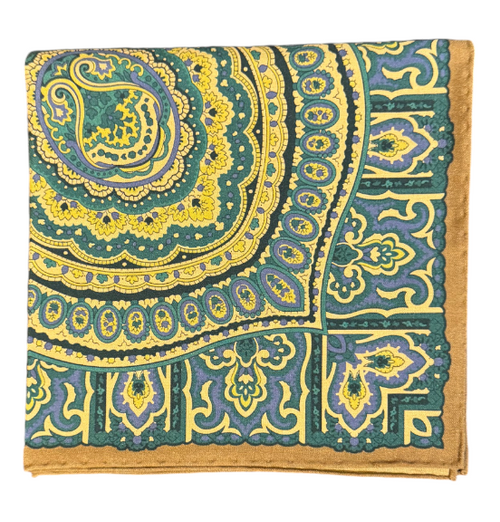 Seaward and Stearn Mustard Border Silk Pocket Square: Teal and Yellow