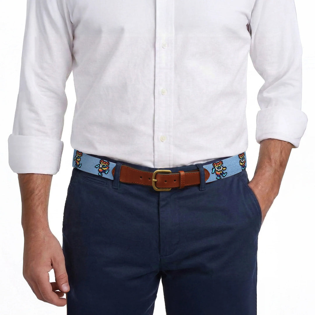 Smathers and Branson Needlepoint Belt: Dancing Bears Tie Dye Belt (Light Blue)