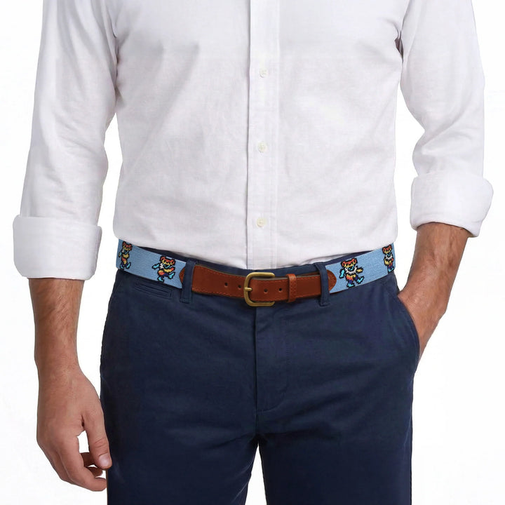 Smathers and Branson Needlepoint Belt: Dancing Bears Tie Dye Belt (Light Blue)