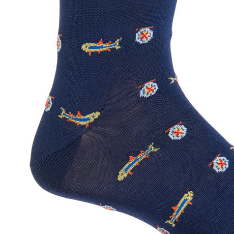 Dapper Classic Navy with Yolk, Red, Orange and Clematis Blue Trout Cotton Sock Linked Toe