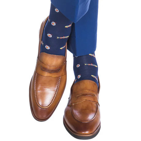 Dapper Classic Navy with Yolk, Red, Orange and Clematis Blue Trout Cotton Sock Linked Toe