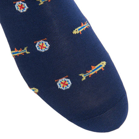 Dapper Classic Navy with Yolk, Red, Orange and Clematis Blue Trout Cotton Sock Linked Toe