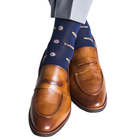 Dapper Classic Navy with Yolk, Red, Orange and Clematis Blue Trout Cotton Sock Linked Toe