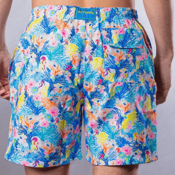 Michael's Men's Cyclist Liner Swim Trunks - New Seahorses: White