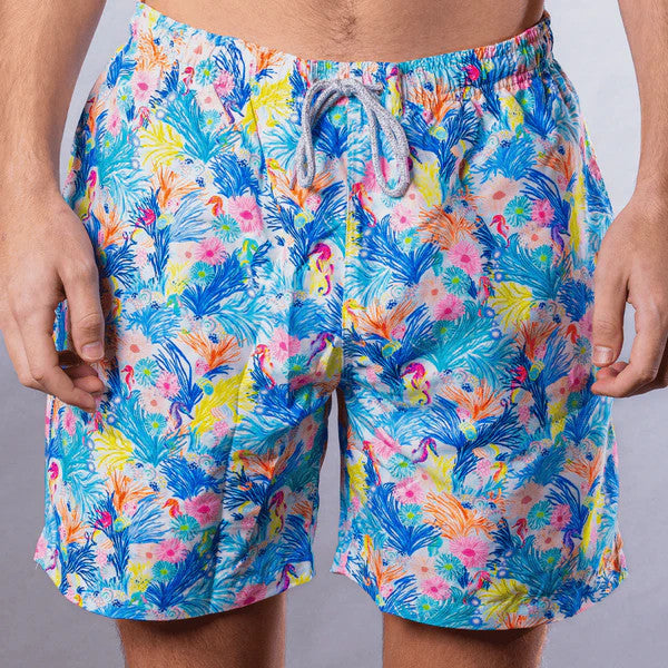 Michael's Men's Cyclist Liner Swim Trunks - New Seahorses: White