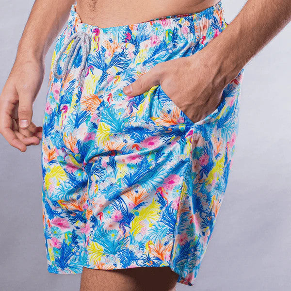 Michael's Men's Cyclist Liner Swim Trunks - New Seahorses: White