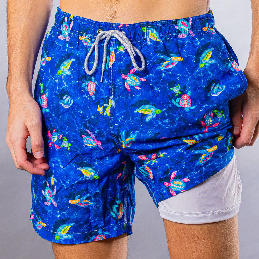 Michael's Men's Cyclist Liner Swim Trunks - New Turtles Navy Blue