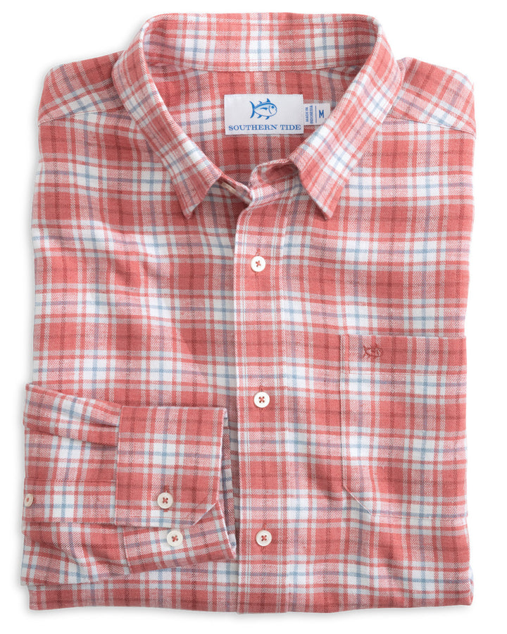 Southern Tide Beach Flannel Heather Howland Plaid Sport Shirt: Heather Dusty Coral