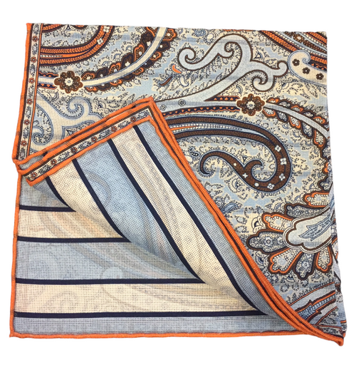 Seaward and Stearn Blue and Orange Compact Paisley Pocket Square