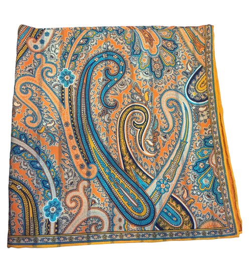 Seaward and Stearn Orange and Teal Compact Paisley Pocket Square