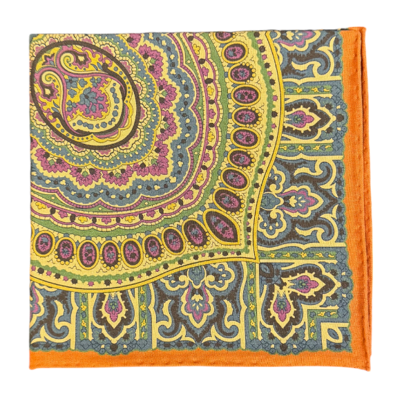 Seaward and Stearn Orange Border Silk Pocket Square: Blue, Green, and Yellow