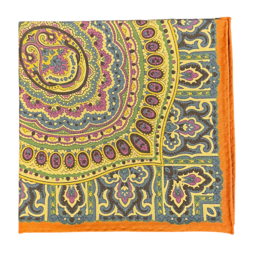 Seaward and Stearn Orange Border Silk Pocket Square: Blue, Green, and Yellow