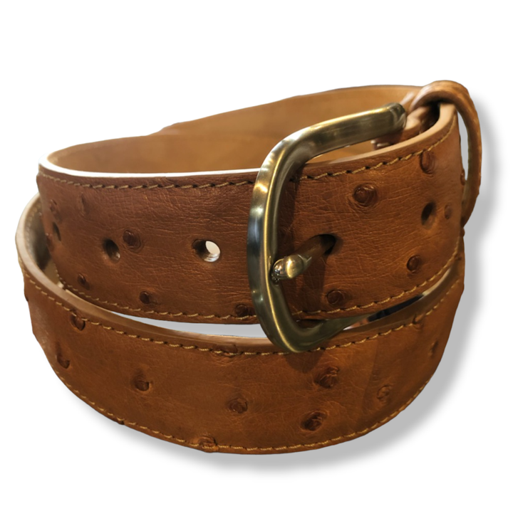 W. Kleinberg Quilled Ostrich Belt with Brushed Nickel Buckle: Cognac