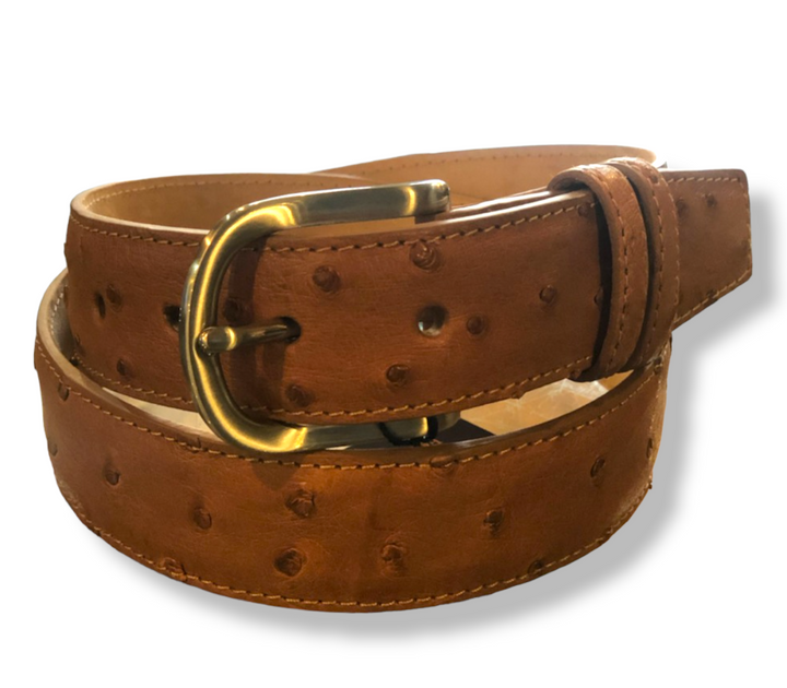 W. Kleinberg Quilled Ostrich Belt with Brushed Nickel Buckle: Cognac