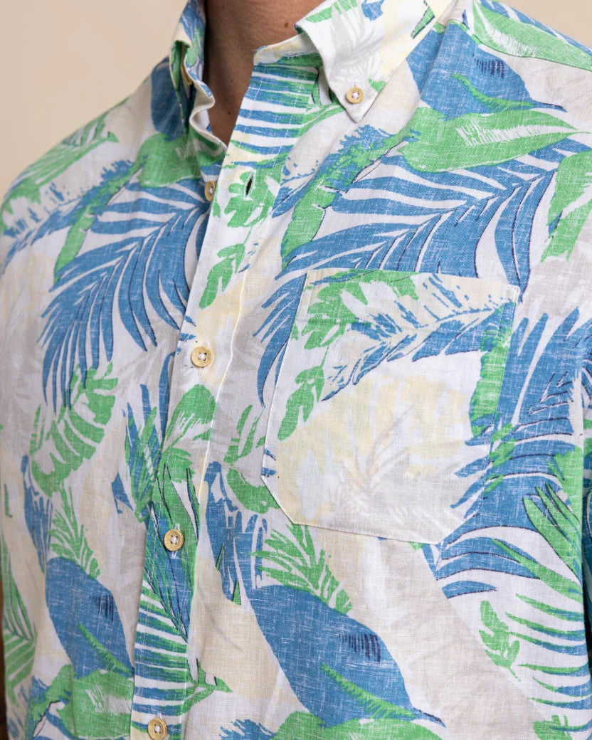 Southern Tide Paradise Palms Linen Rayon Short Sleeve Sport Shirt: Classic White