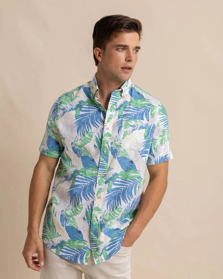 Southern Tide Paradise Palms Linen Rayon Short Sleeve Sport Shirt: Classic White