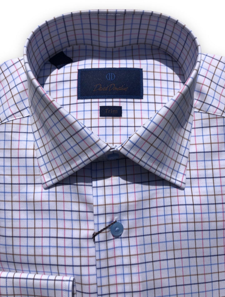 David Donahue Khaki/Pink/Blue Tattersall Dress Shirt