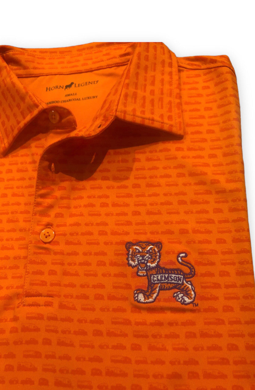 Horn Legend Tailgating Print Clemson Polo: Retro Walking Tiger