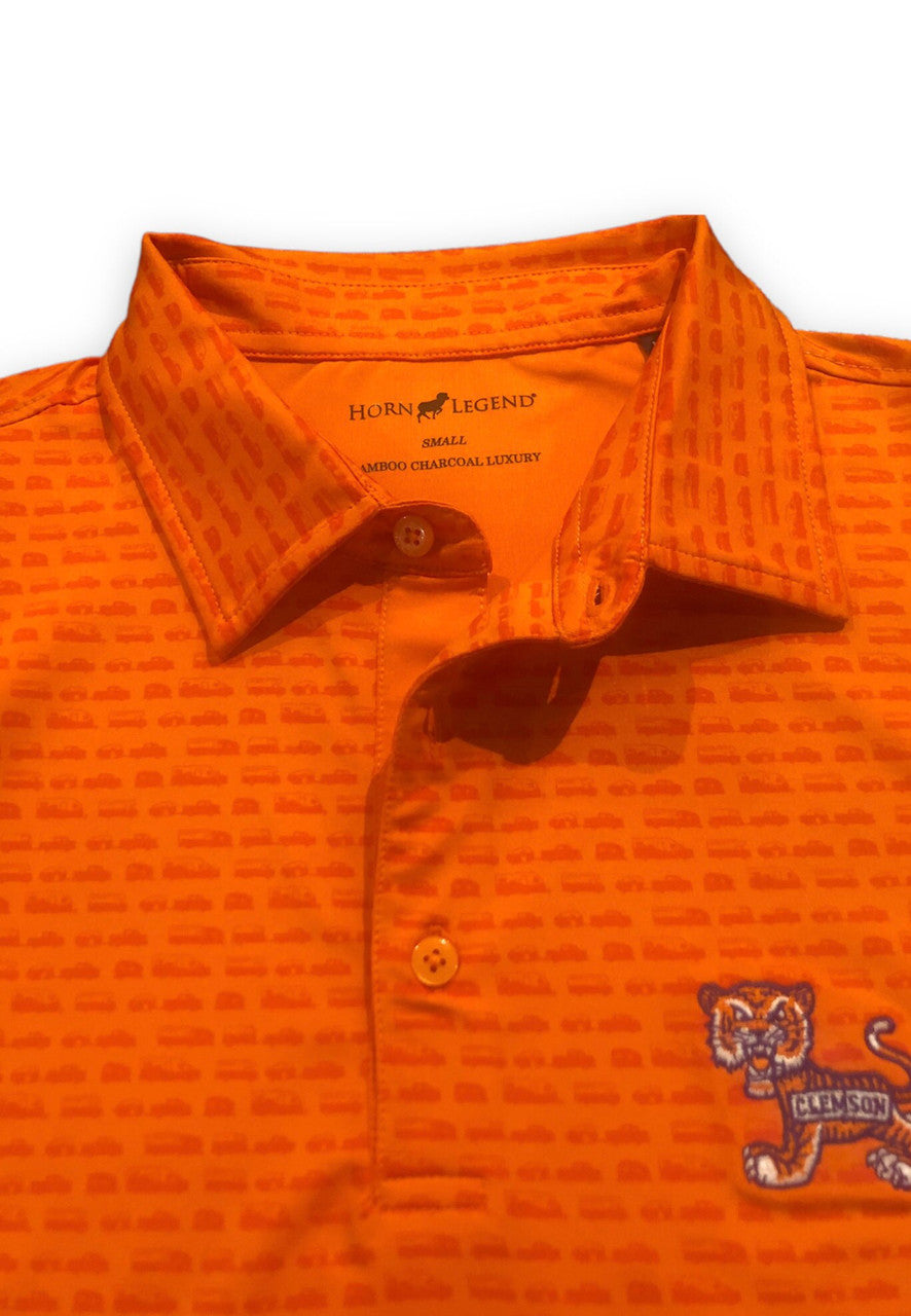 Horn Legend Tailgating Print Clemson Polo: Retro Walking Tiger