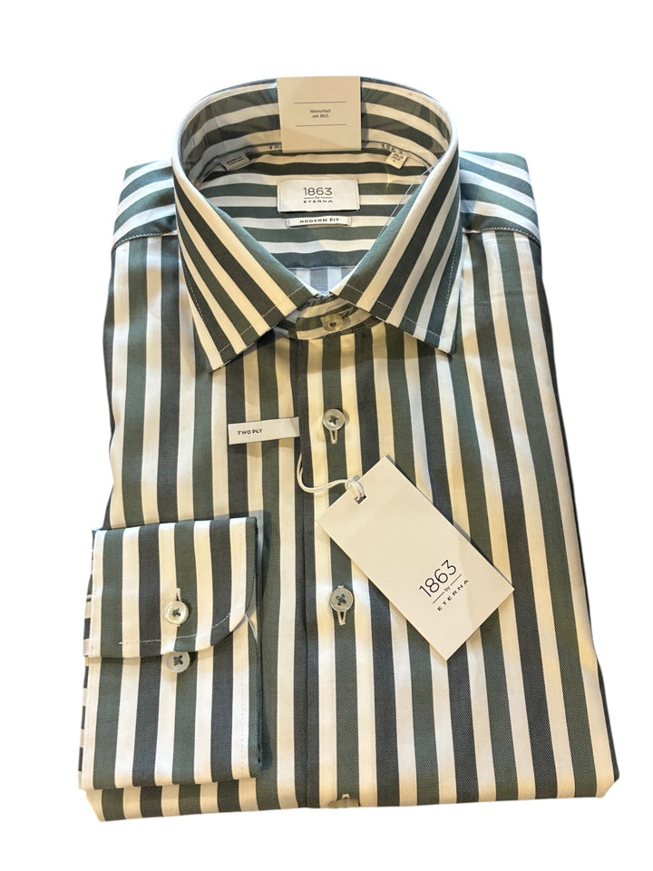 Eterna Modern Fit Stripe Twill with Kent Collar: Dark Green