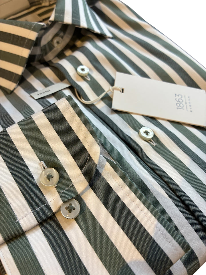 Eterna Modern Fit Stripe Twill with Kent Collar: Dark Green
