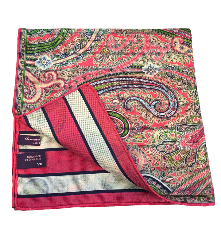 Seaward and Stearn Pink and Green Compact Paisley Pocket Square