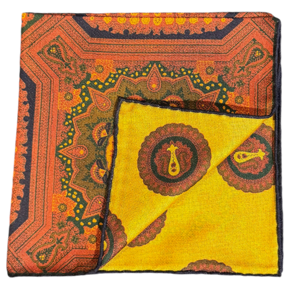 Seaward and Stearn Medallions Reversible Panama Silk Pocket Square: Yellow, Rust, and Navy