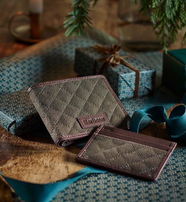 Barbour Quilted Padbury Wallet & Card Holder Gift Set: Dark Brown/Olive