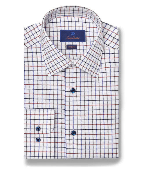 David Donahue White & Pumpkin Windowpane Dress Shirt