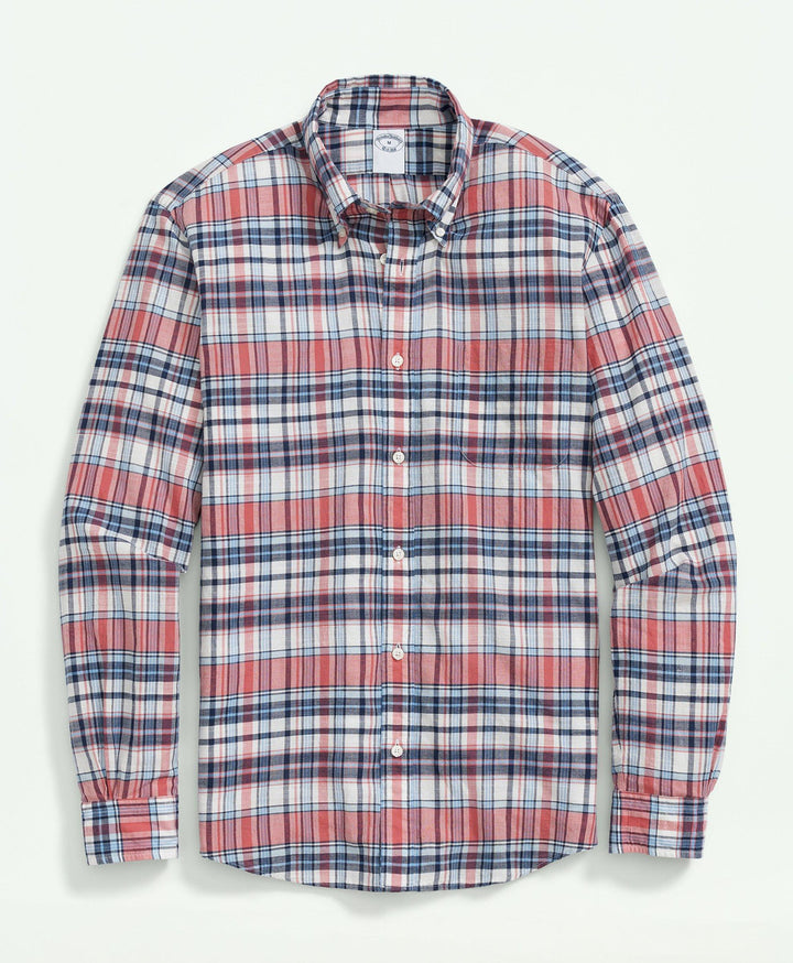 Brooks Brothers Washed Cotton Madras Button-Down Collar Sport Shirt: Red