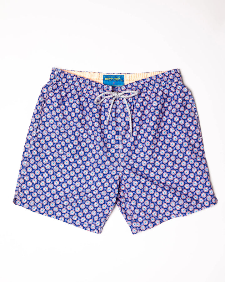 Michael's Men's Cyclist Liner Swim Trunks - Retro Flowers: Navy/Coral