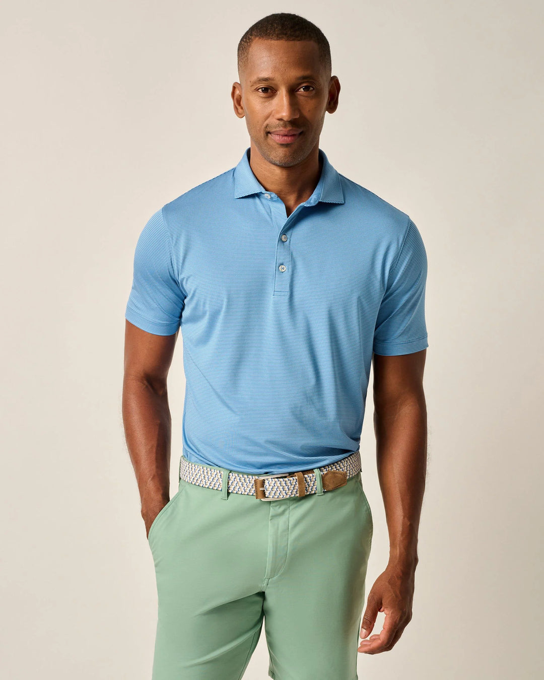Johnnie-O Lyndonn Striped Jersey Performance Polo:  Barrels Blue and Seychelles