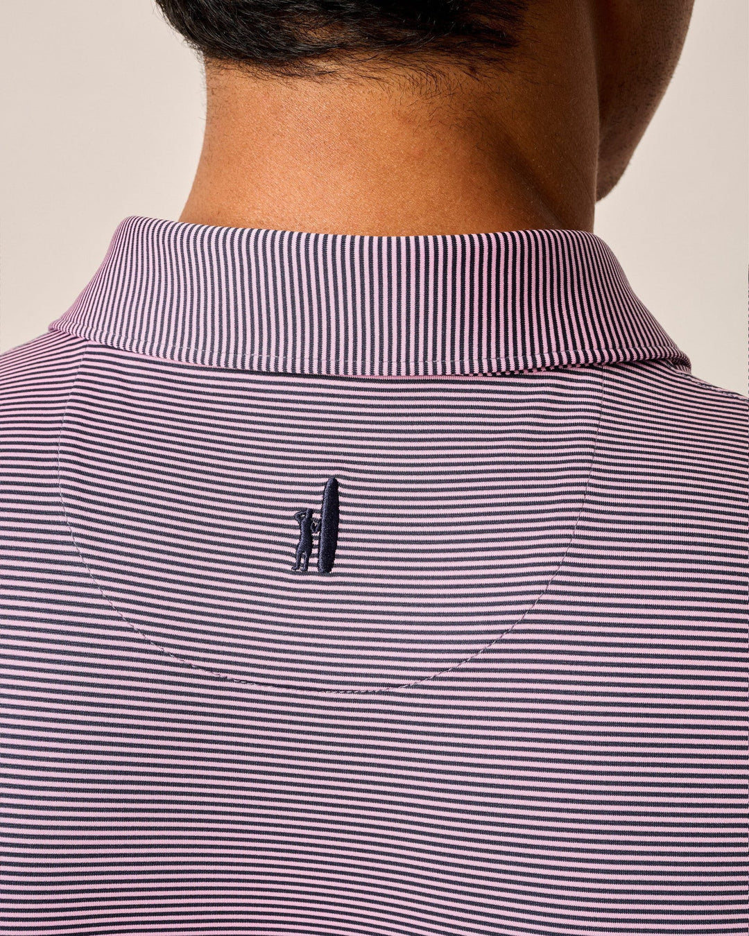 Johnnie-O Lyndonn Striped Jersey Performance Polo:  Navy/Porto Pink