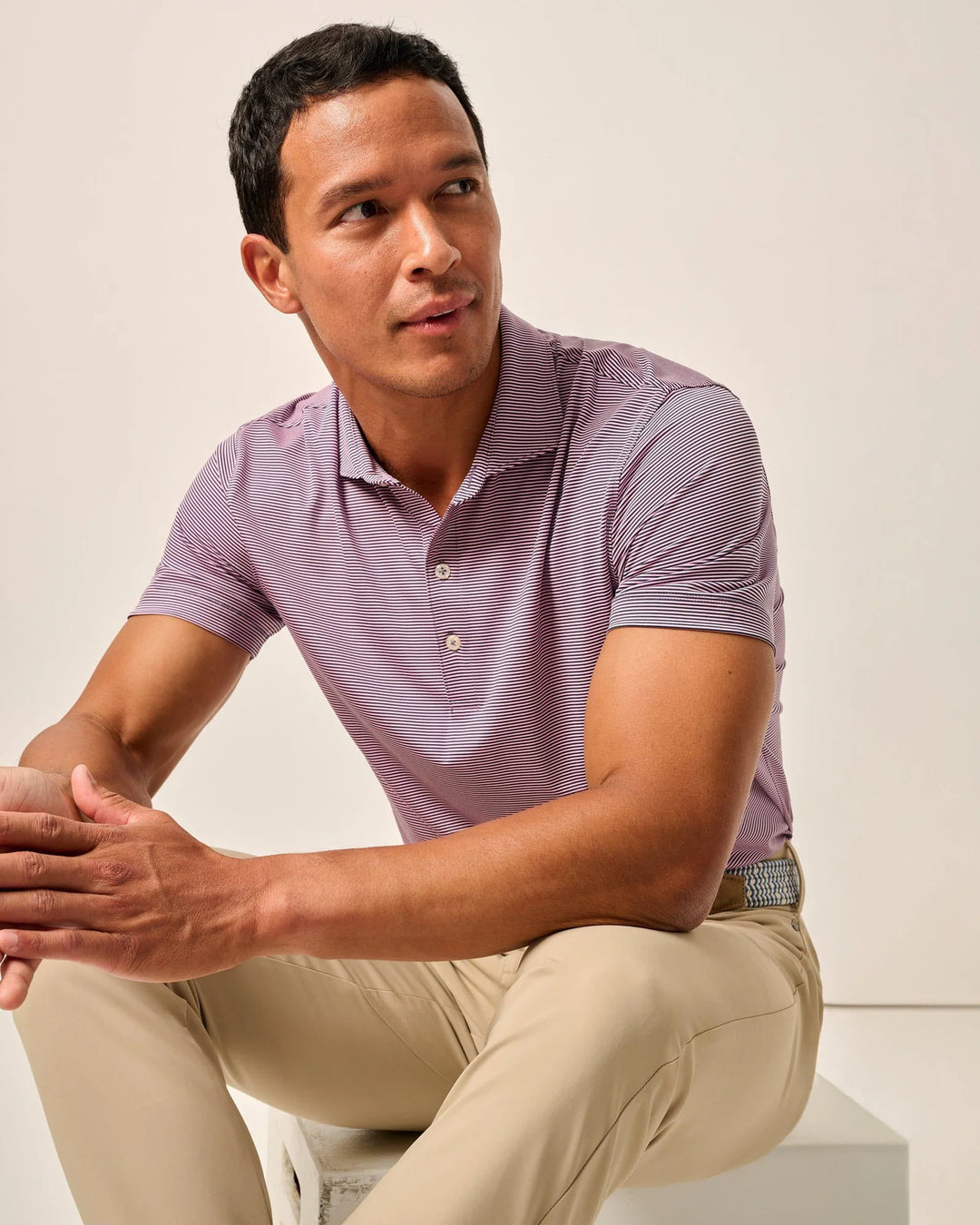 Johnnie-O Lyndonn Striped Jersey Performance Polo:  Navy/Porto Pink