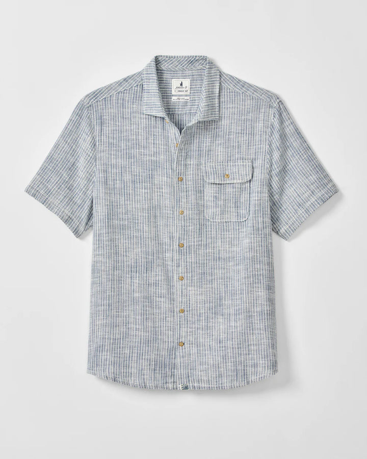 Johnnie-O Short Sleeve Cotton Blend Button Down Shirt - Ennis Indigo Dyed Stripe: Indigo