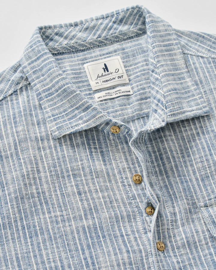 Johnnie-O Short Sleeve Cotton Blend Button Down Shirt - Ennis Indigo Dyed Stripe: Indigo