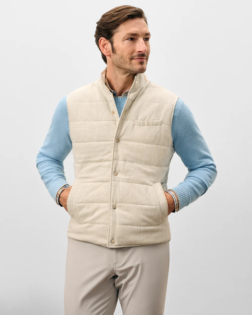 Johnnie-O Sandhills Reversible Snap Front Vest: Stone