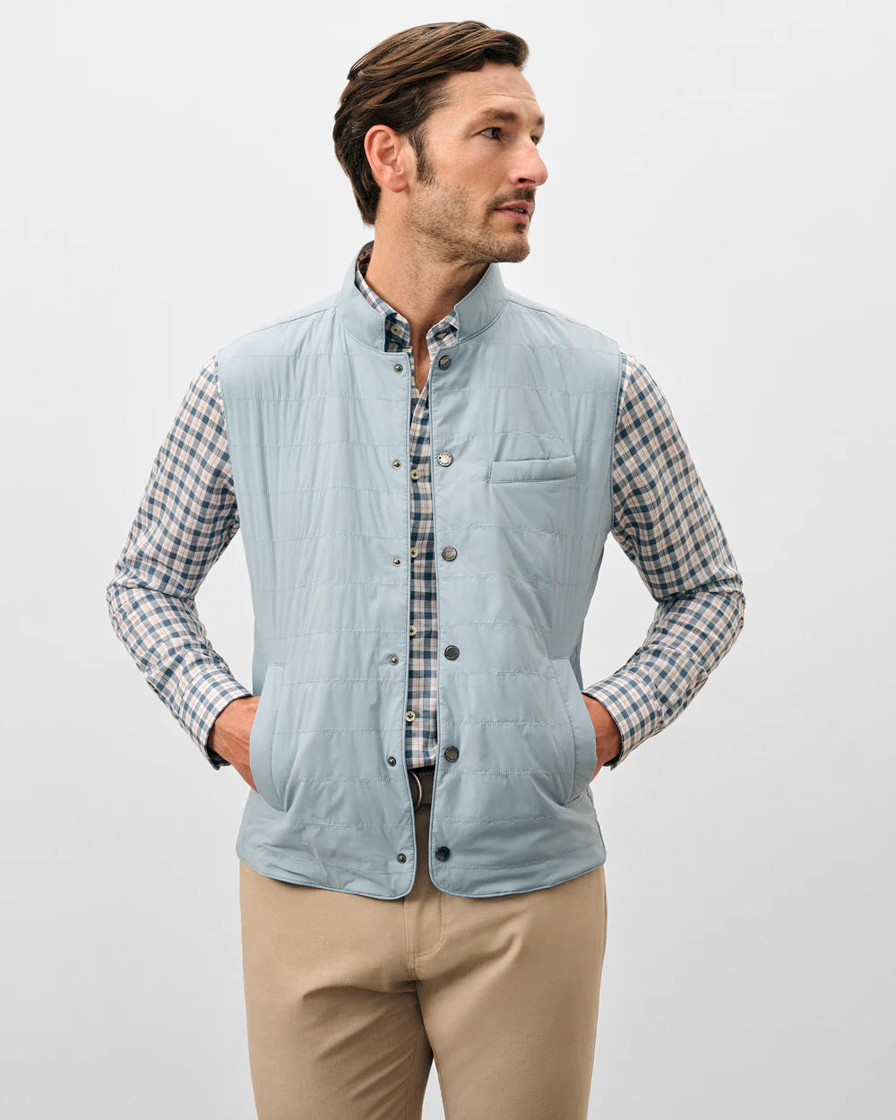 Johnnie-O Bauer Snap Front Quilted Vest: Steel Blue