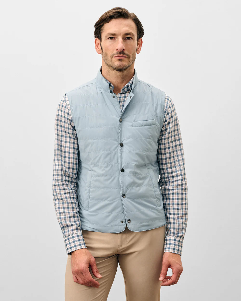 Johnnie-O Bauer Snap Front Quilted Vest: Steel Blue