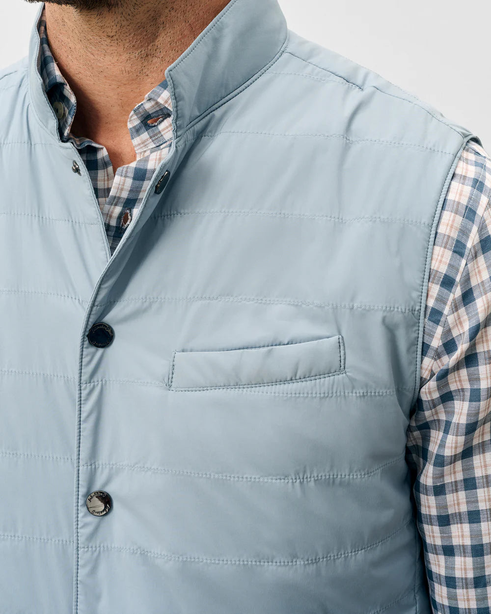 Johnnie-O Bauer Snap Front Quilted Vest: Steel Blue