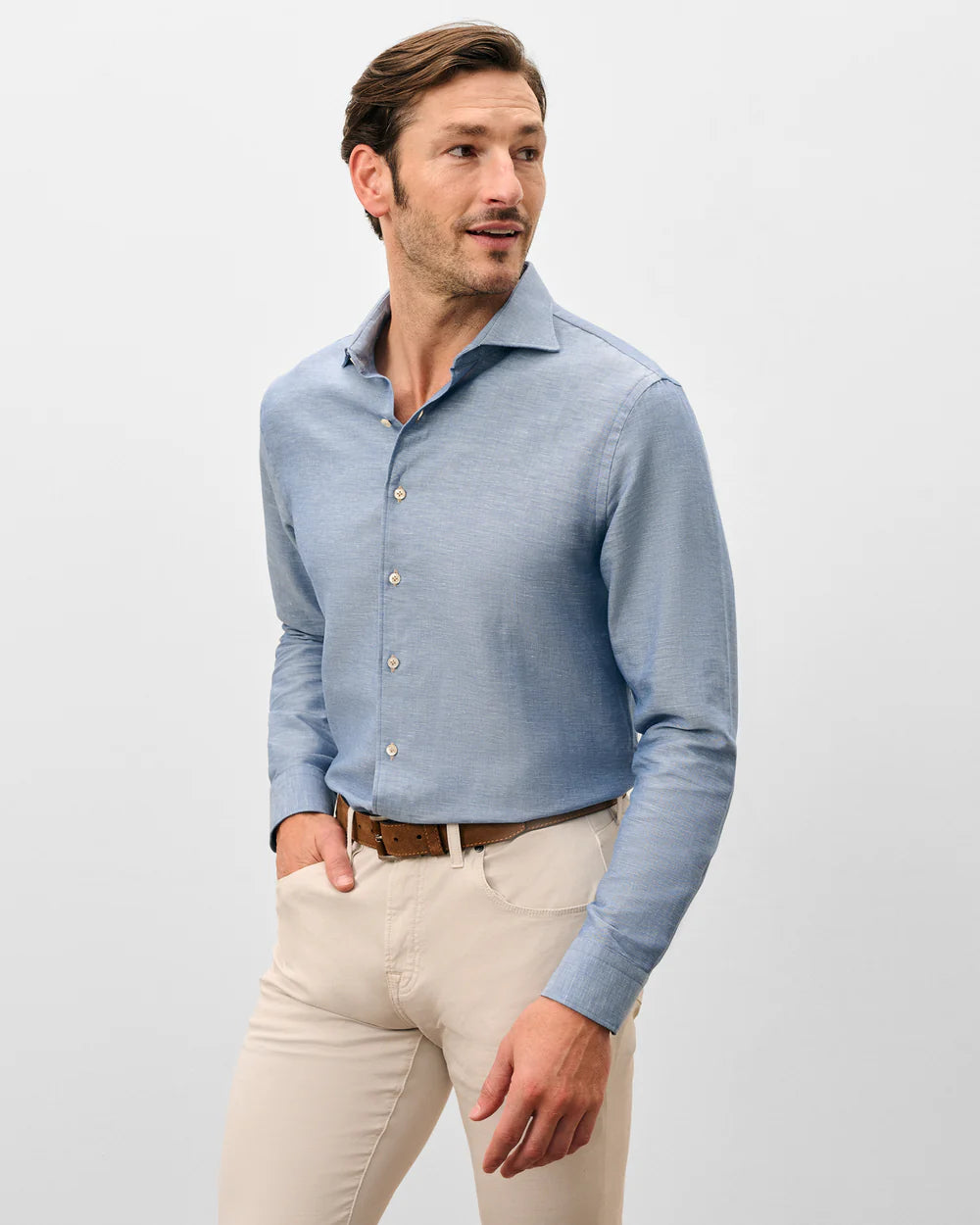 Johnnie-O Linen Blend Button Down Shirt - Chambray Solid: Laguna Blue