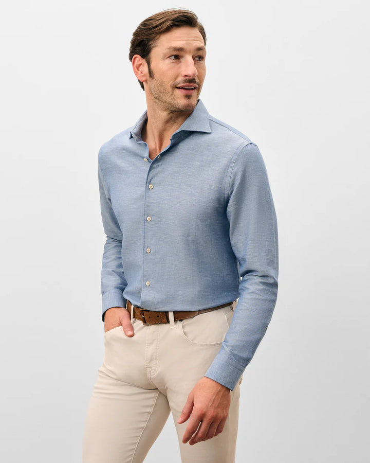 Johnnie-O Linen Blend Button Down Shirt - Chambray Solid: Laguna Blue