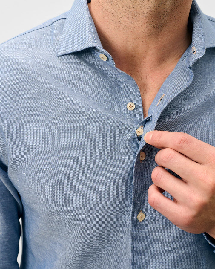 Johnnie-O Linen Blend Button Down Shirt - Chambray Solid: Laguna Blue