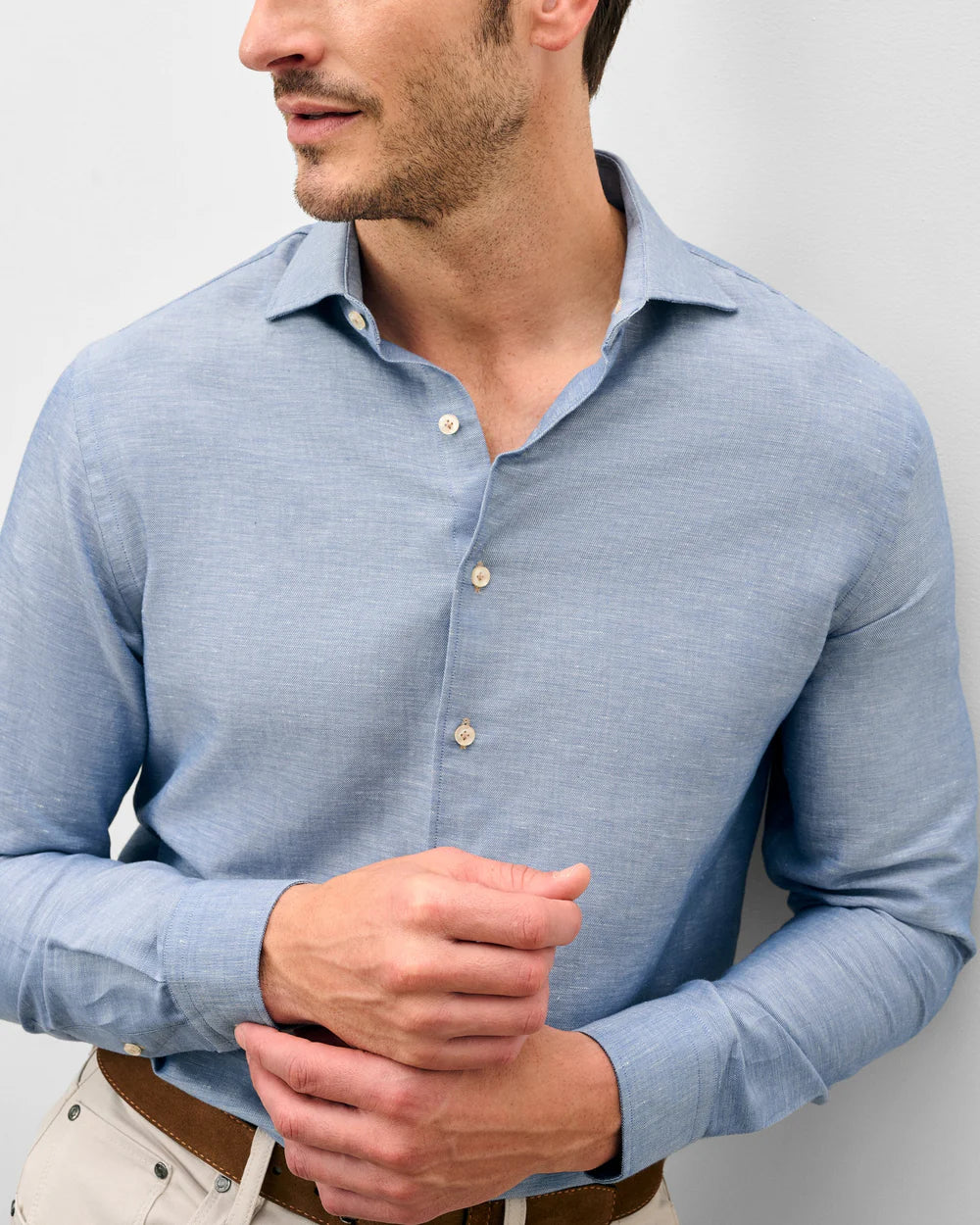 Johnnie-O Linen Blend Button Down Shirt - Chambray Solid: Laguna Blue