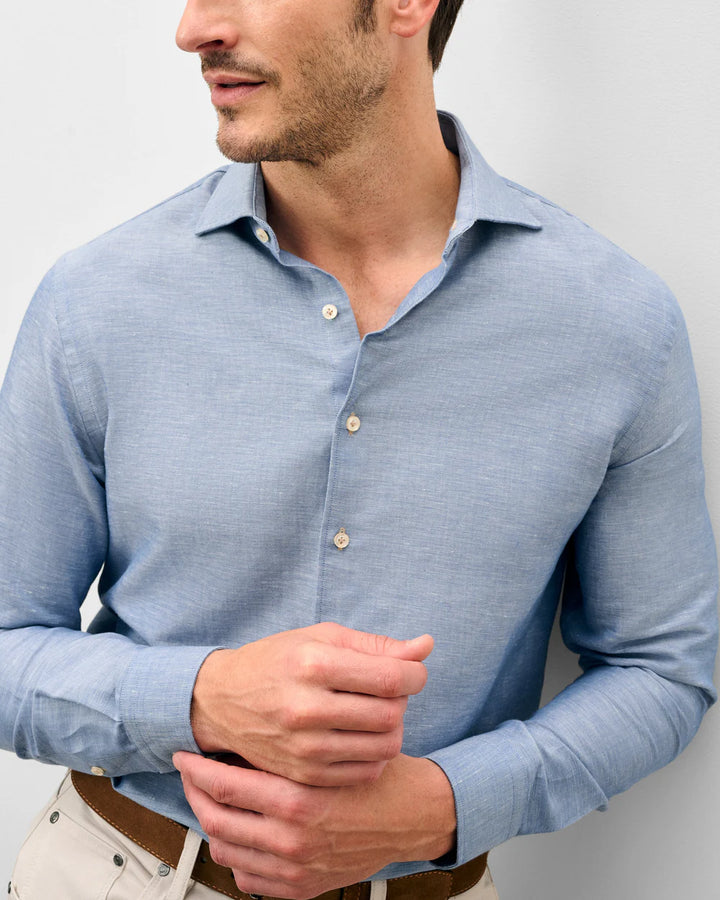 Johnnie-O Linen Blend Button Down Shirt - Chambray Solid: Laguna Blue