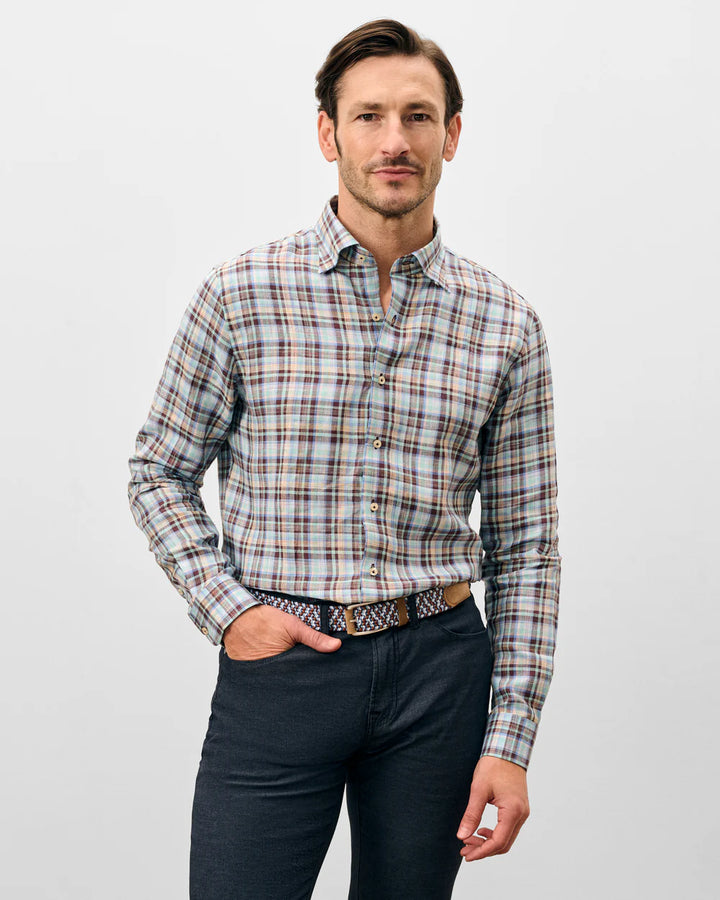 Johnnie-O Linen Button Down Shirt - Sunderland Plaid: Sardinia