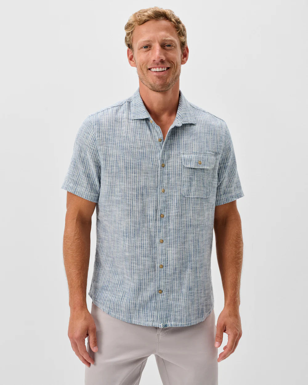 Johnnie-O Short Sleeve Cotton Blend Button Down Shirt - Ennis Indigo Dyed Stripe: Indigo