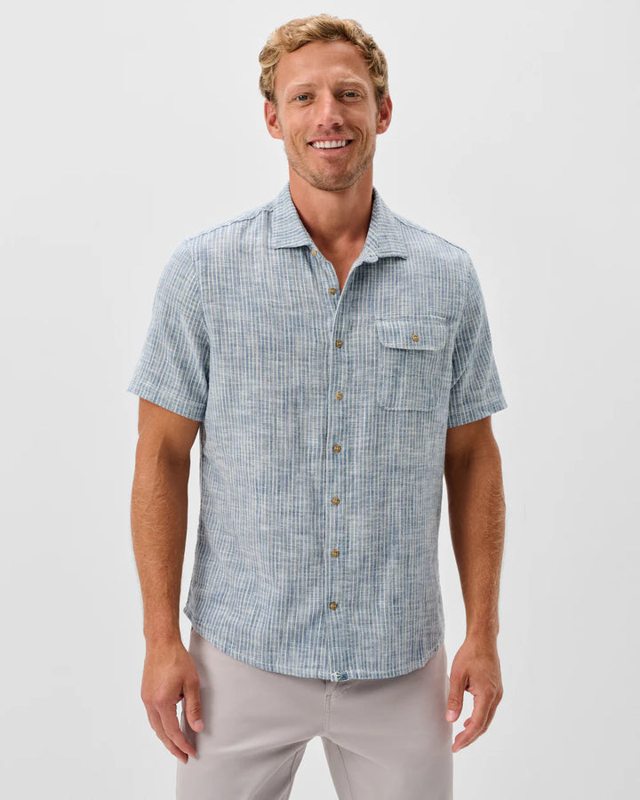 Johnnie-O Short Sleeve Cotton Blend Button Down Shirt - Ennis Indigo Dyed Stripe: Indigo