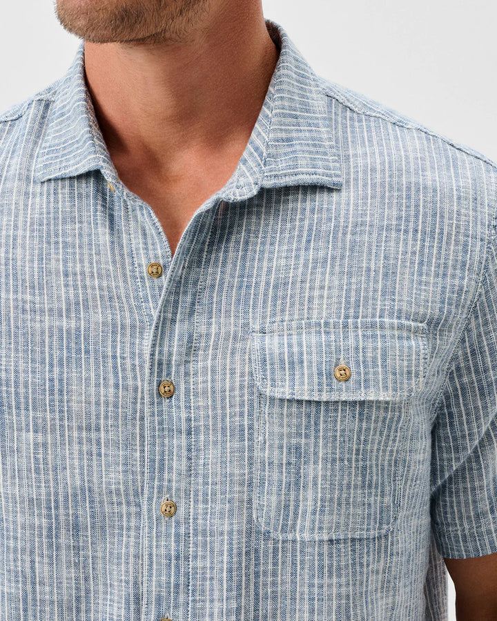 Johnnie-O Short Sleeve Cotton Blend Button Down Shirt - Ennis Indigo Dyed Stripe: Indigo