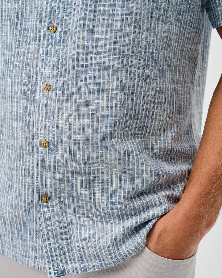 Johnnie-O Short Sleeve Cotton Blend Button Down Shirt - Ennis Indigo Dyed Stripe: Indigo